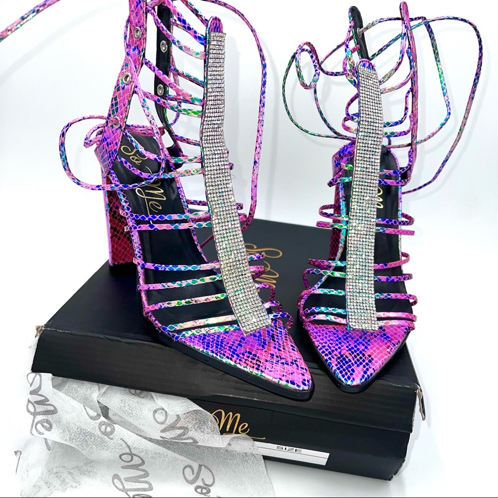 Pink Holographic Snake Print Iridescent Rhinestone Bling Strappy Pointy Toe Heel
